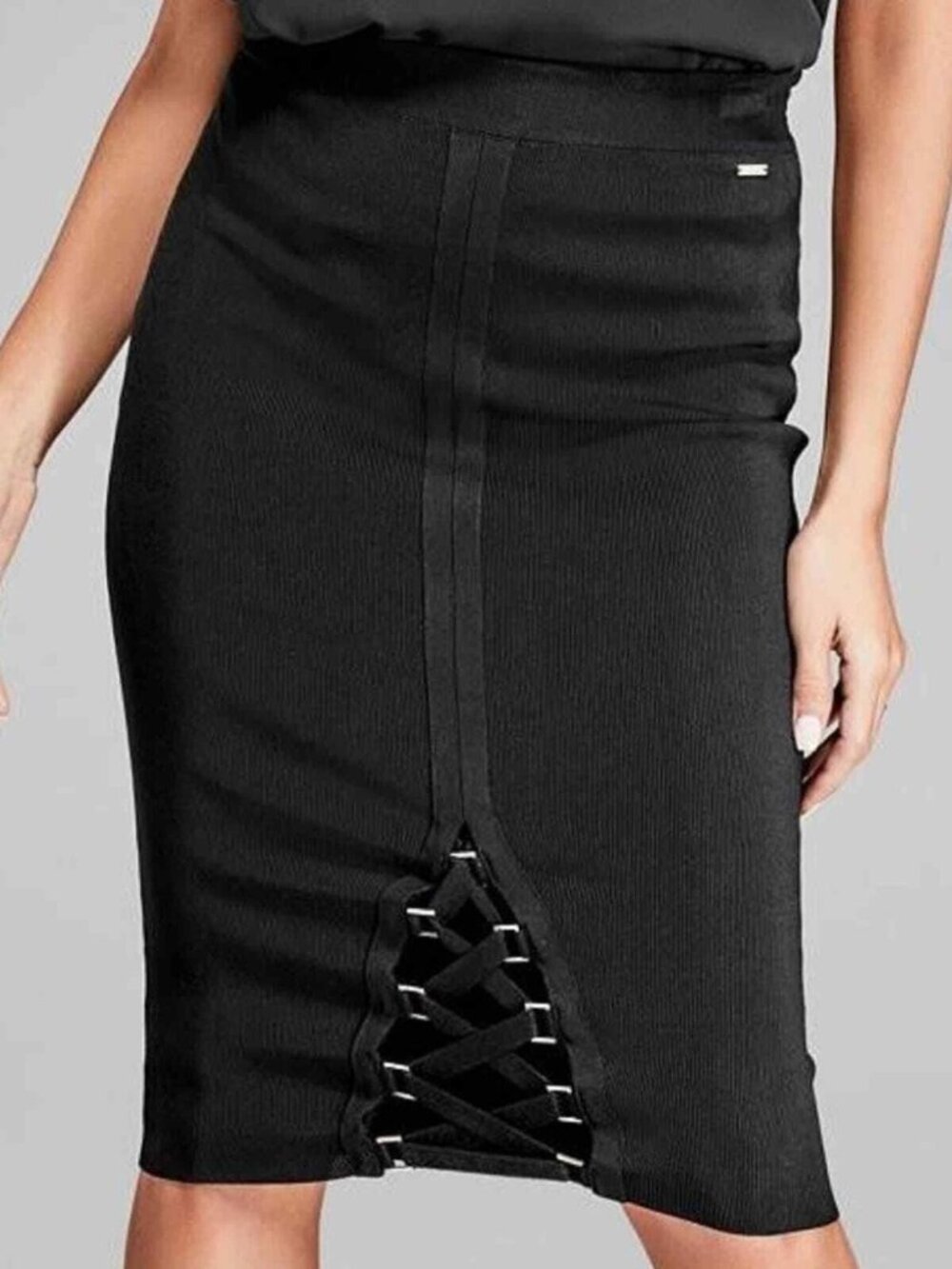 Marciano Black Stretch Bandage Pencil Skirt with Lace-Up Cutout Hem – NWT